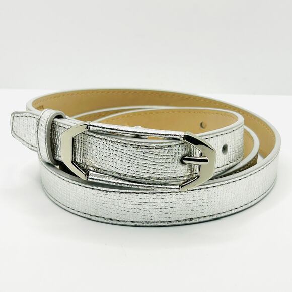 Cole Haan Silver Metallic Textured Leather Chic Skinny Belt - Picture 1 of 8